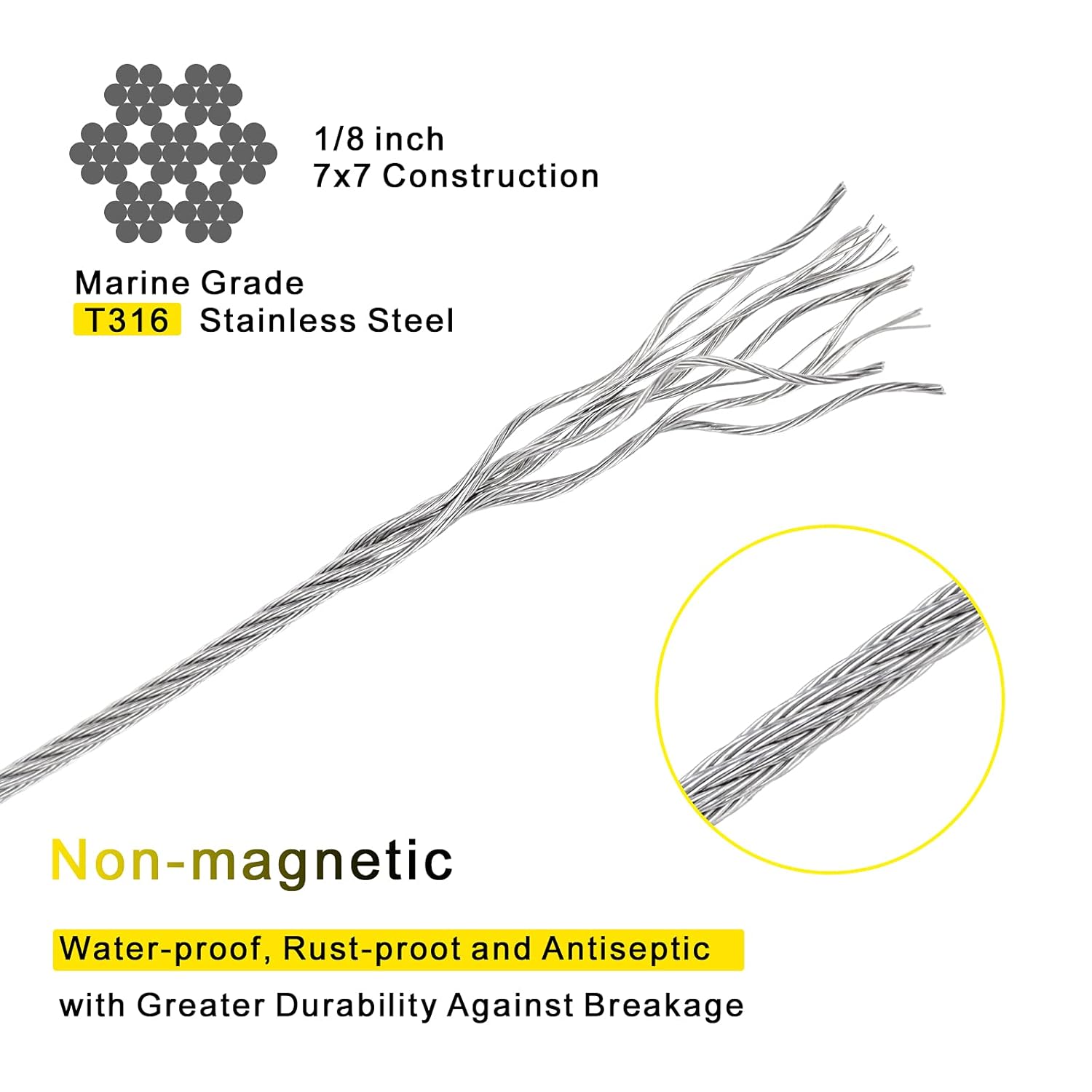 1/8 T316 Stainless Steel Cable with Cutter, 150FT Wire Rope, 7x7 Strands G53442