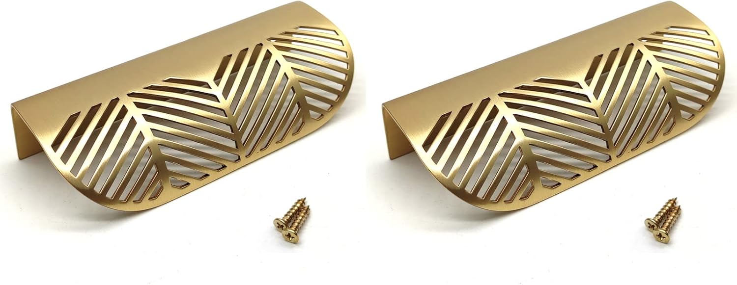 Gold Brass Leaf Shaped Cabinet Pulls 6pcs 2.36 Length 1.54 Hole Centers with Mounting Screws R832357