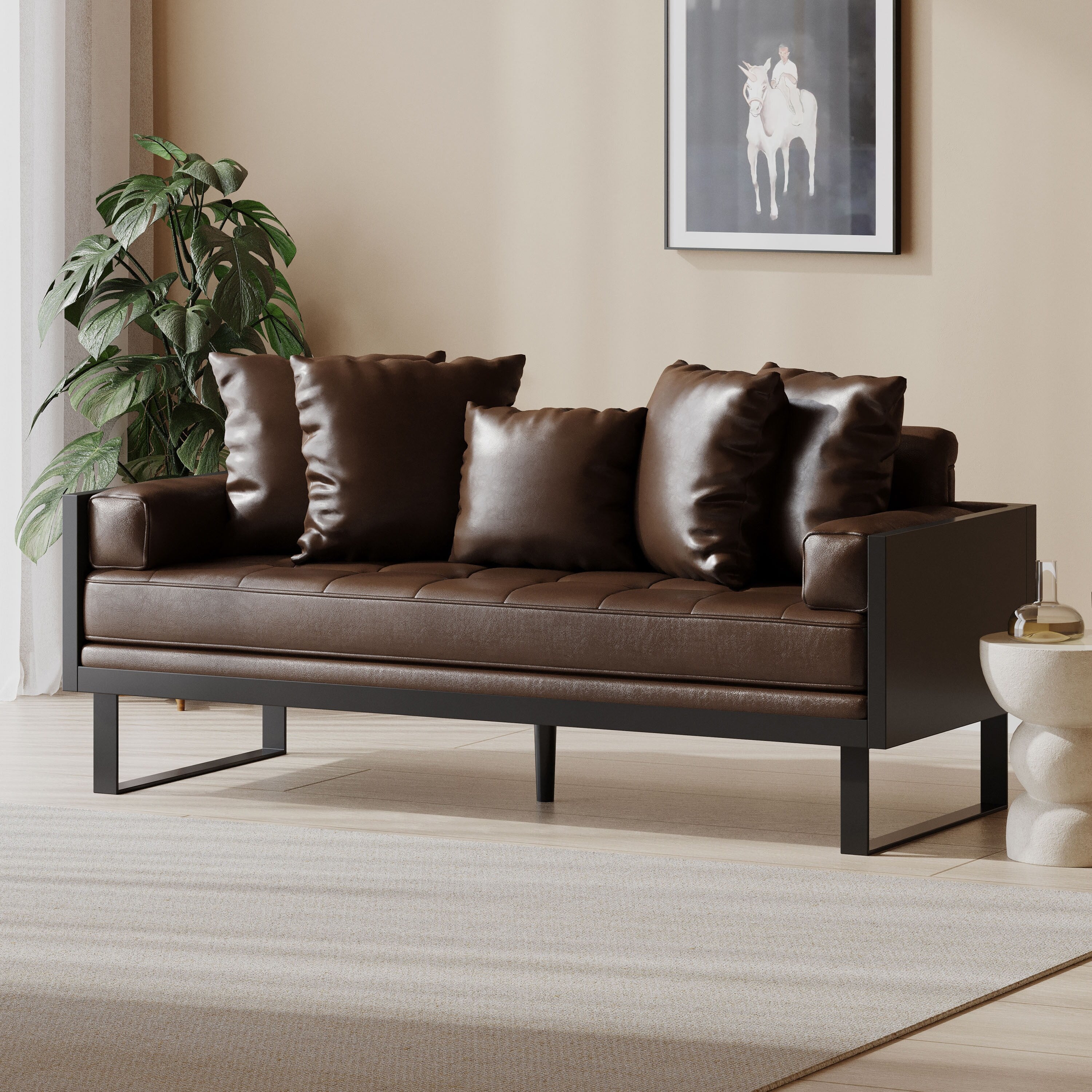 Oversized Faux Leather Loveseat with Accent Pillows N32089