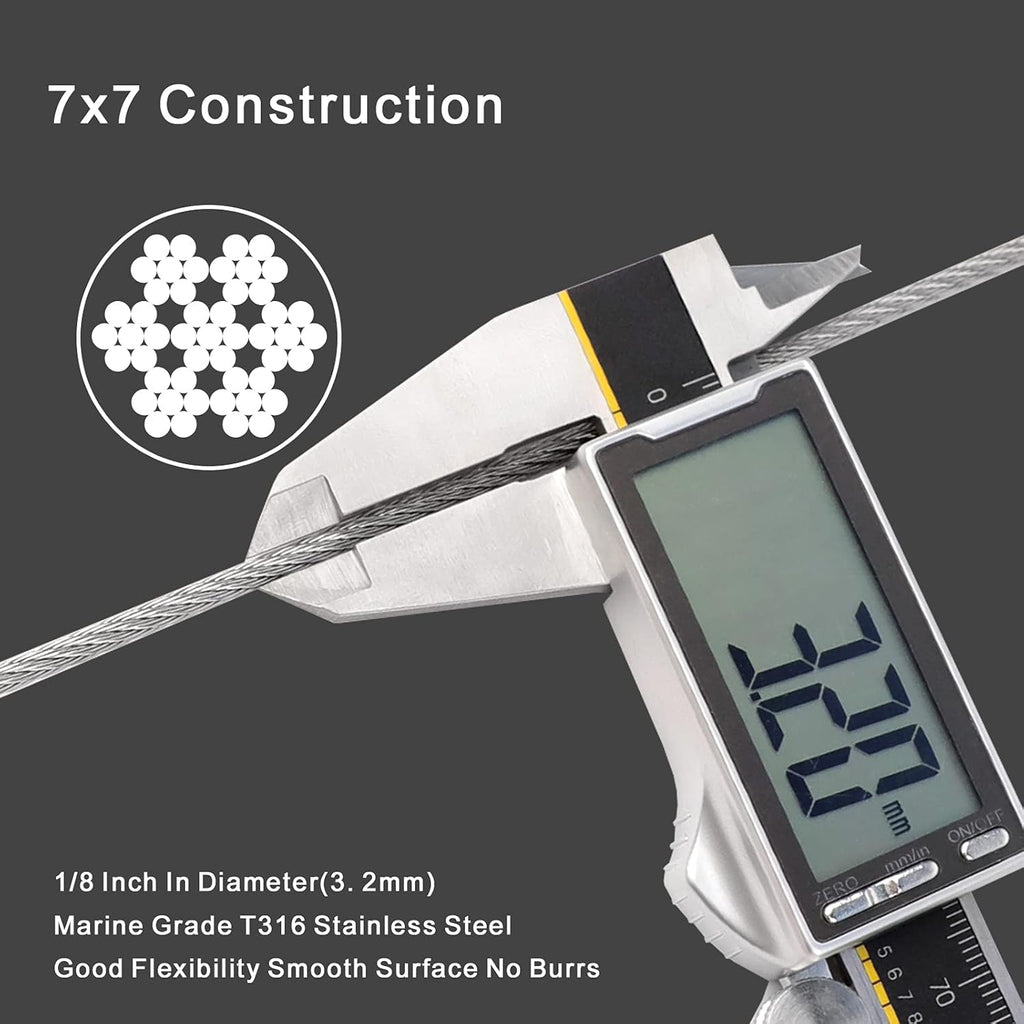 1/8 T316 Stainless Steel Cable with Cutter, 150FT Wire Rope, 7x7 Strands G53442