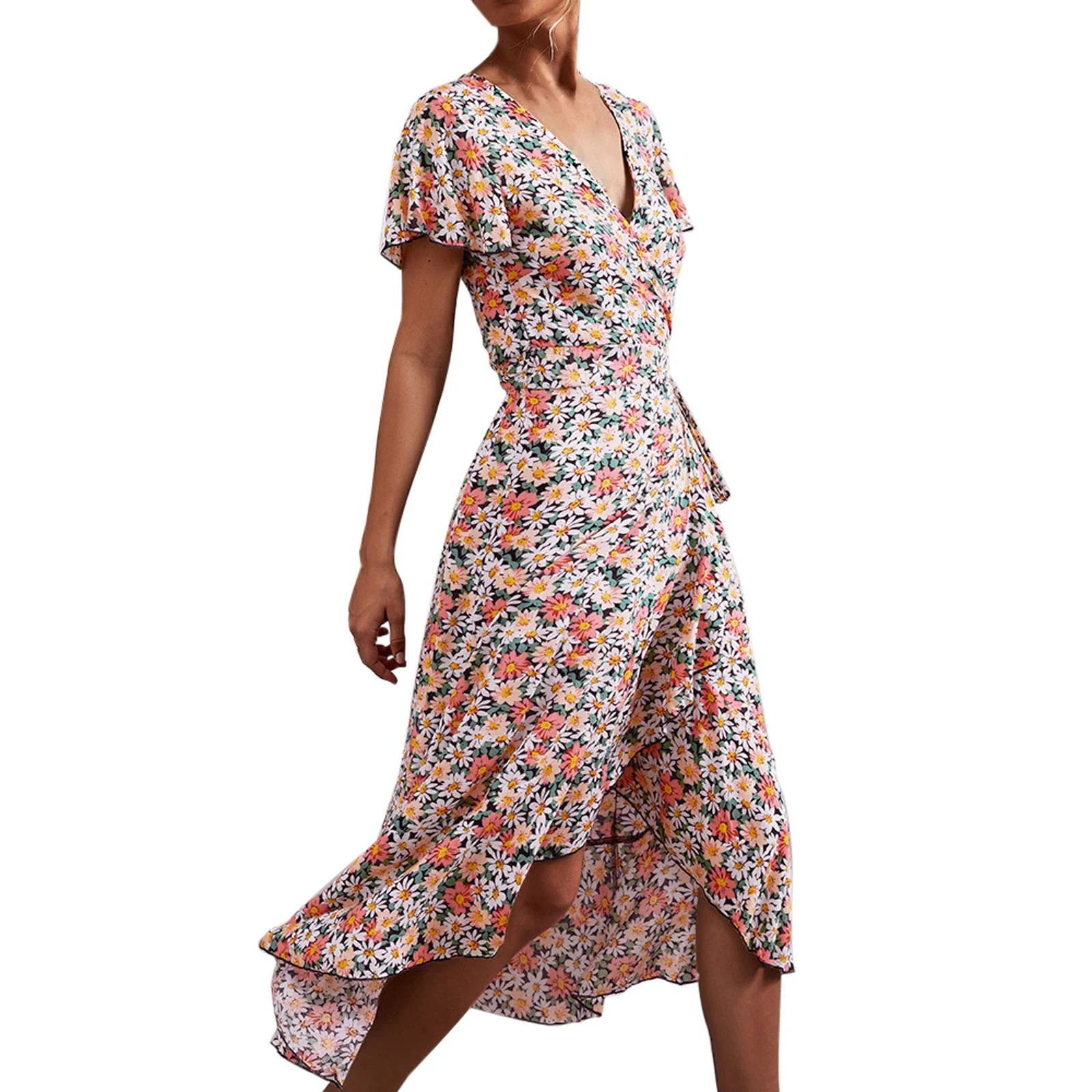 V Neck Short Sleeve Split Wrap Long Dress D86189