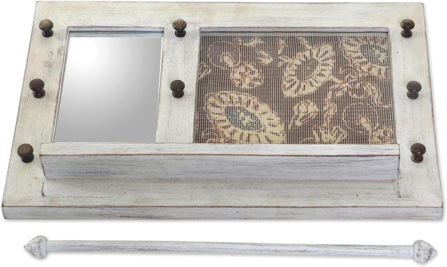 White Cotton Wood Batik Jewelry Display Organizer With Mirror C8305