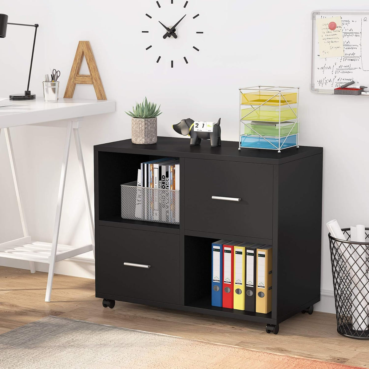 2 Drawers Mobile Lateral Filing Cabinet with Open Storage Shelves and Wheels Q56551