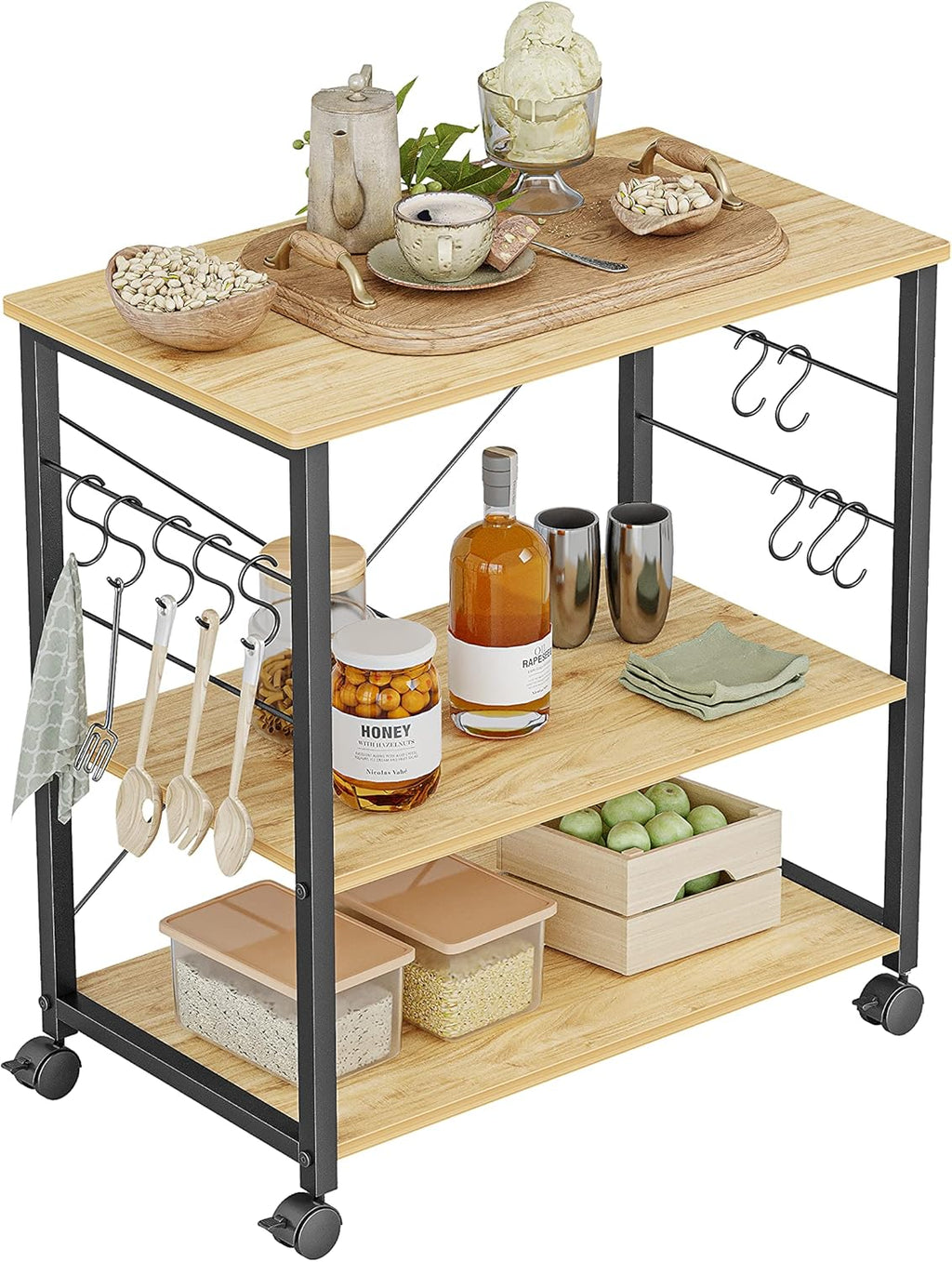 3 Tier Metal Kitchen Cart with Wheels and 10 Hooks W3242