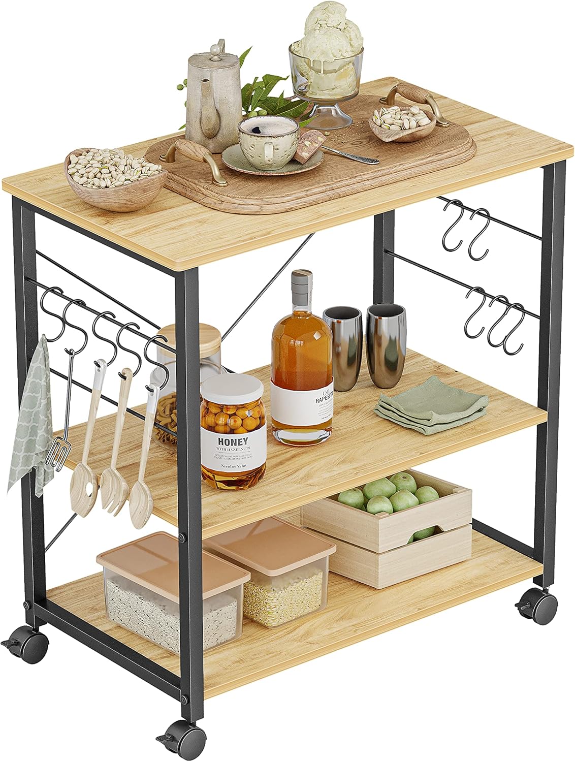 3 Tier Metal Kitchen Cart with Wheels and 10 Hooks W3242