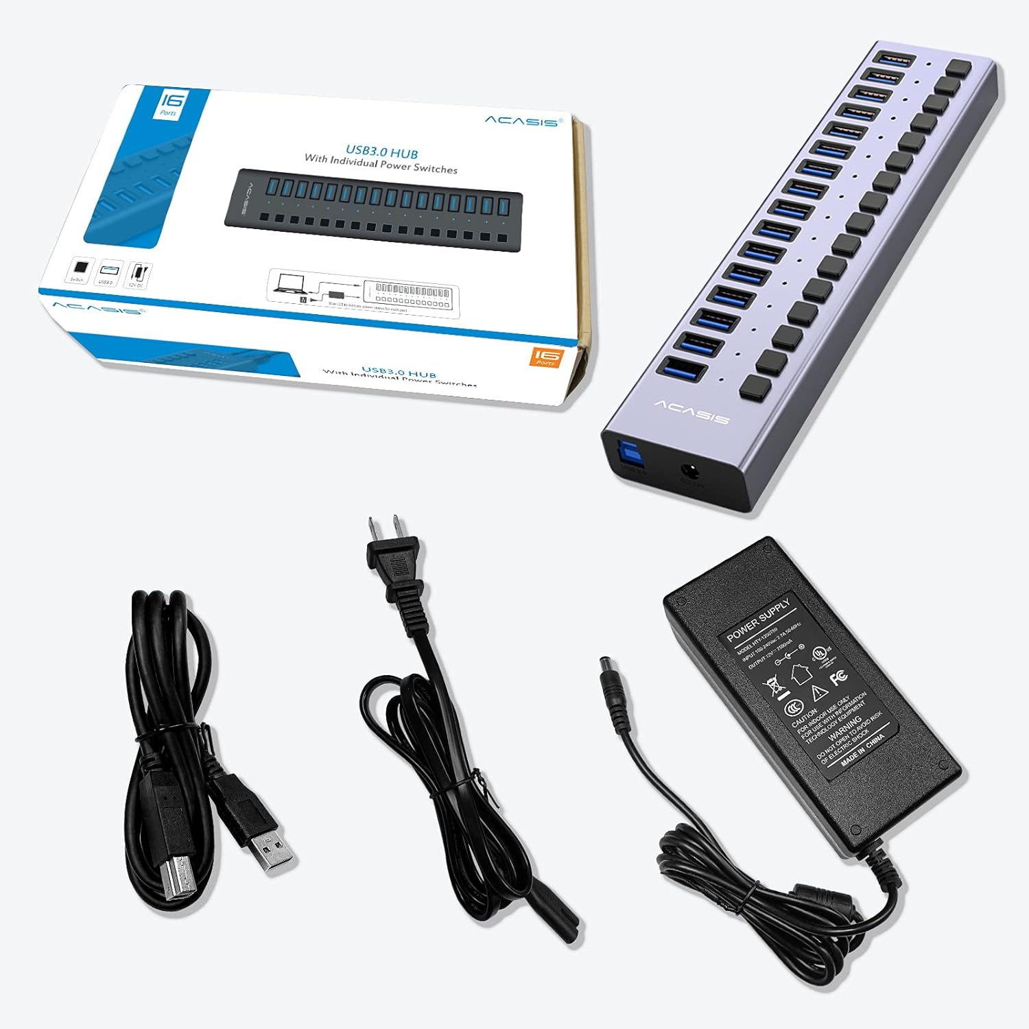 16 Ports USB 3.0 Powered Hub with Individual On/Off Switches and Power Adapter, Pack of 2 X48258