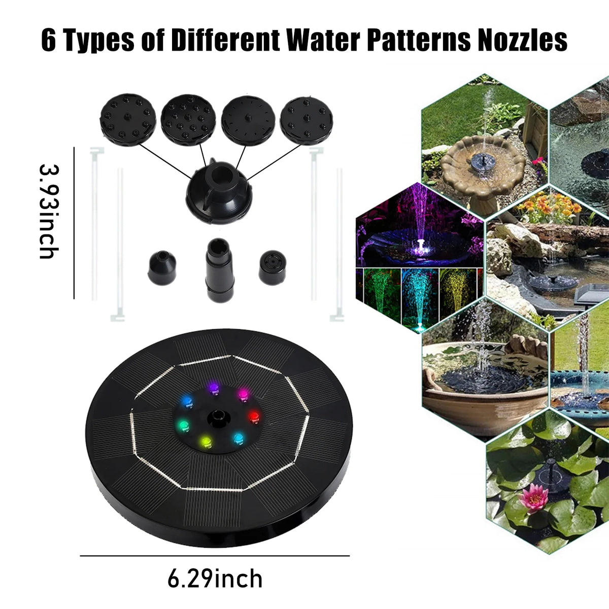 Solar Fountain Pump with 1800mAh Battery 6 Nozzles Y95815