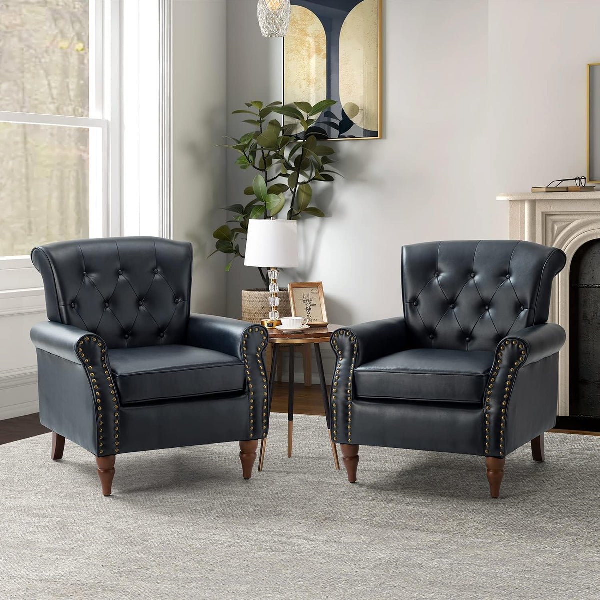 Navy Faux Leather Accent Chair Set Of 2 with Solid Wood Legs A975