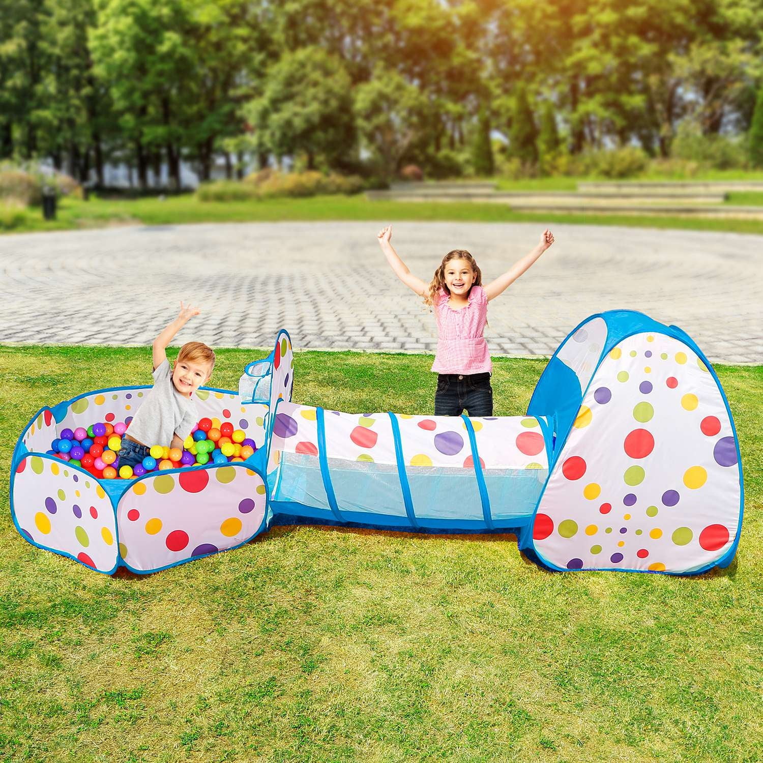 Blue Pop-up Play Tent with Crawl Tunnel Storage Bag J354283