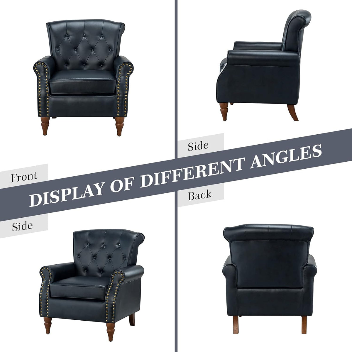 Navy Faux Leather Accent Chair Set Of 2 with Solid Wood Legs A975