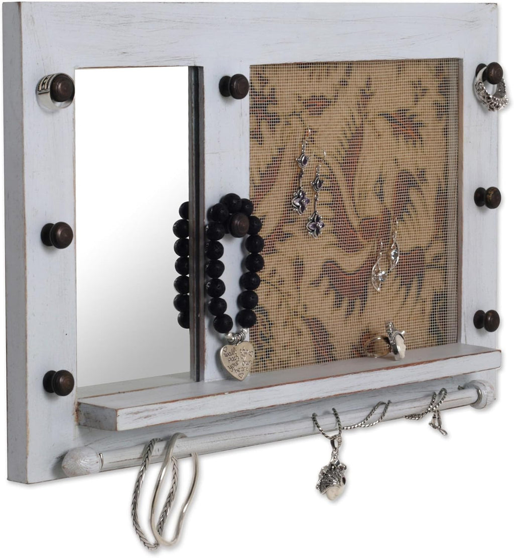 White Cotton Wood Batik Jewelry Display Organizer With Mirror C8305