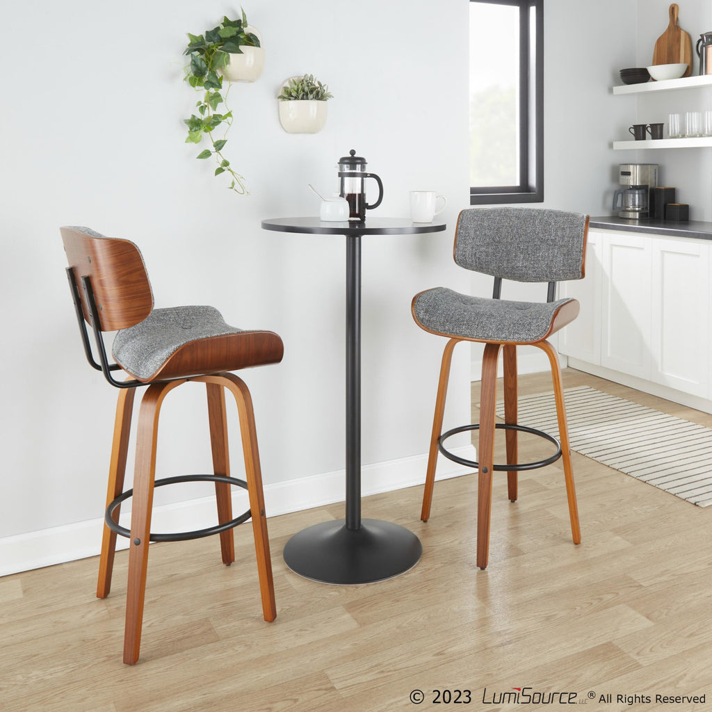 30" Mid-Century Modern Fixed-Height Barstool with Swivel in Walnut Wood and Grey Noise Fabric with Round Black Metal Footrest - Set of 2 F32501