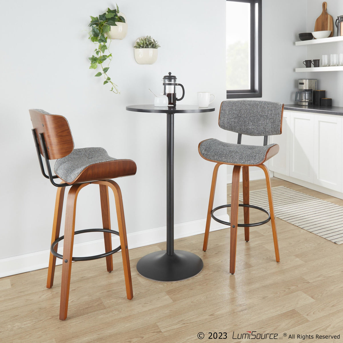 30" Mid-Century Modern Fixed-Height Barstool with Swivel in Walnut Wood and Grey Noise Fabric with Round Black Metal Footrest - Set of 2 F32501