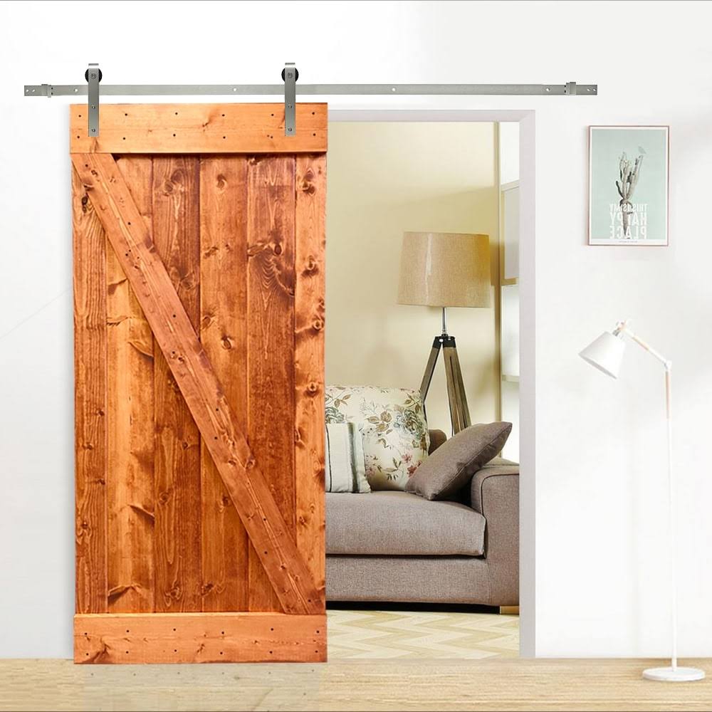 Red Walnut Stained Solid Knotty Pine Wood Interior Sliding Barn Door with Sliding Hardware Kit X8570