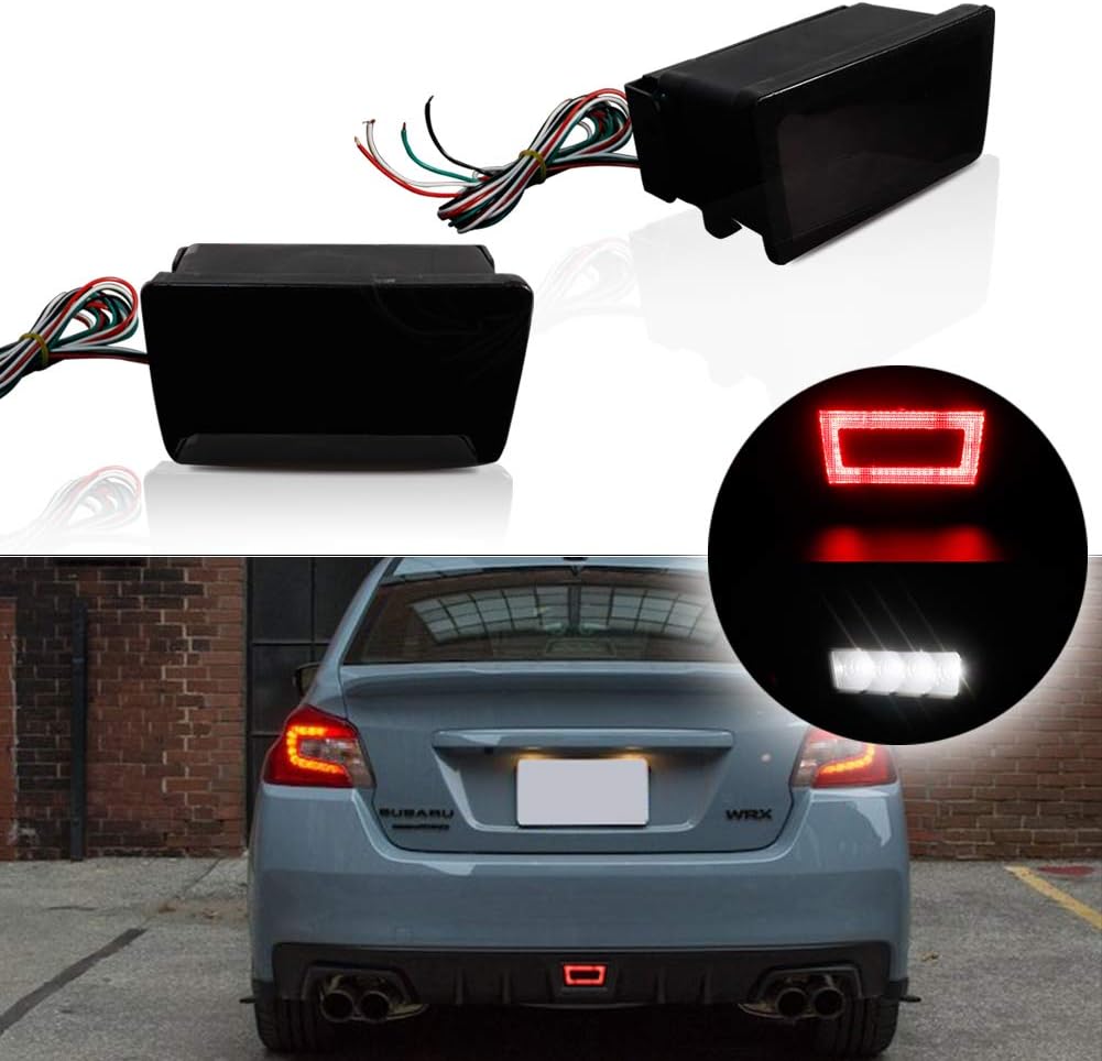 3-In-1 LED Rear Bumper Fog Light Kit Stop Brake Backup Reverse Running Tail Lights Red Lens Pack of 2 B177