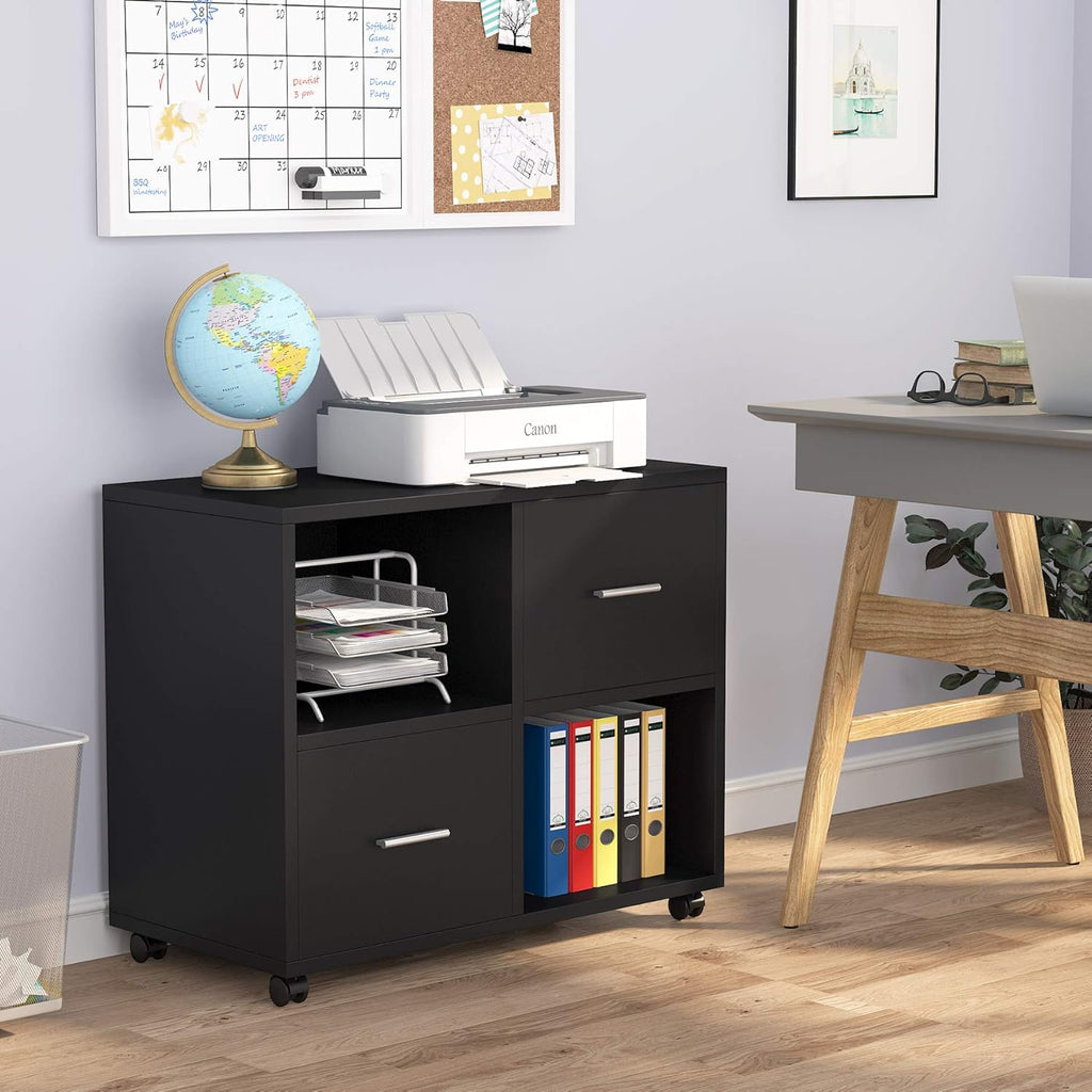 2 Drawers Mobile Lateral Filing Cabinet with Open Storage Shelves and Wheels Q56551