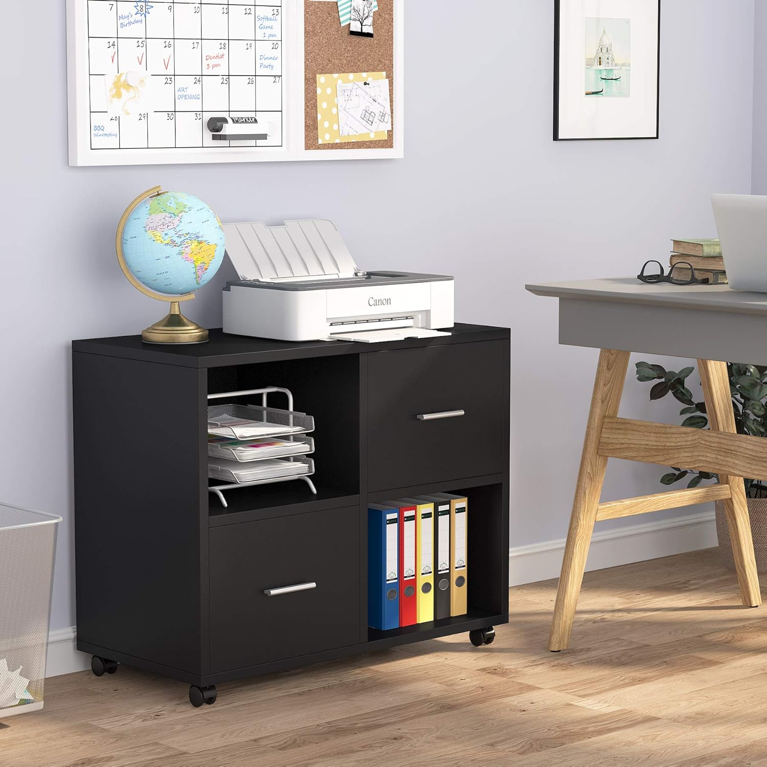 2 Drawers Mobile Lateral Filing Cabinet with Open Storage Shelves and Wheels Q56551