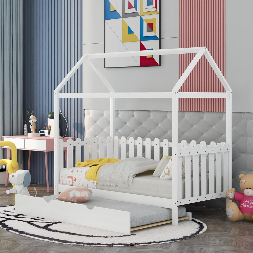 White Wood Twin Size House Bed Frame with Trundle X94019