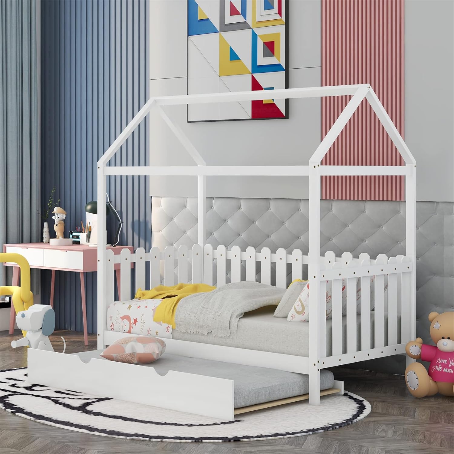 White Wood Twin Size House Bed Frame with Trundle X94019