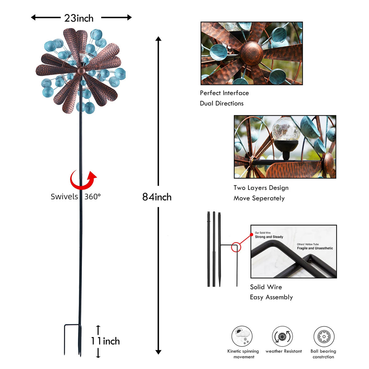 Blue&Brown 84 inch Solar-Powered Metal Wind Spinner U80941