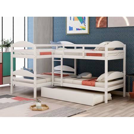 Twin L-Shaped Solid Wood Bunk Bed with Trundle E8071