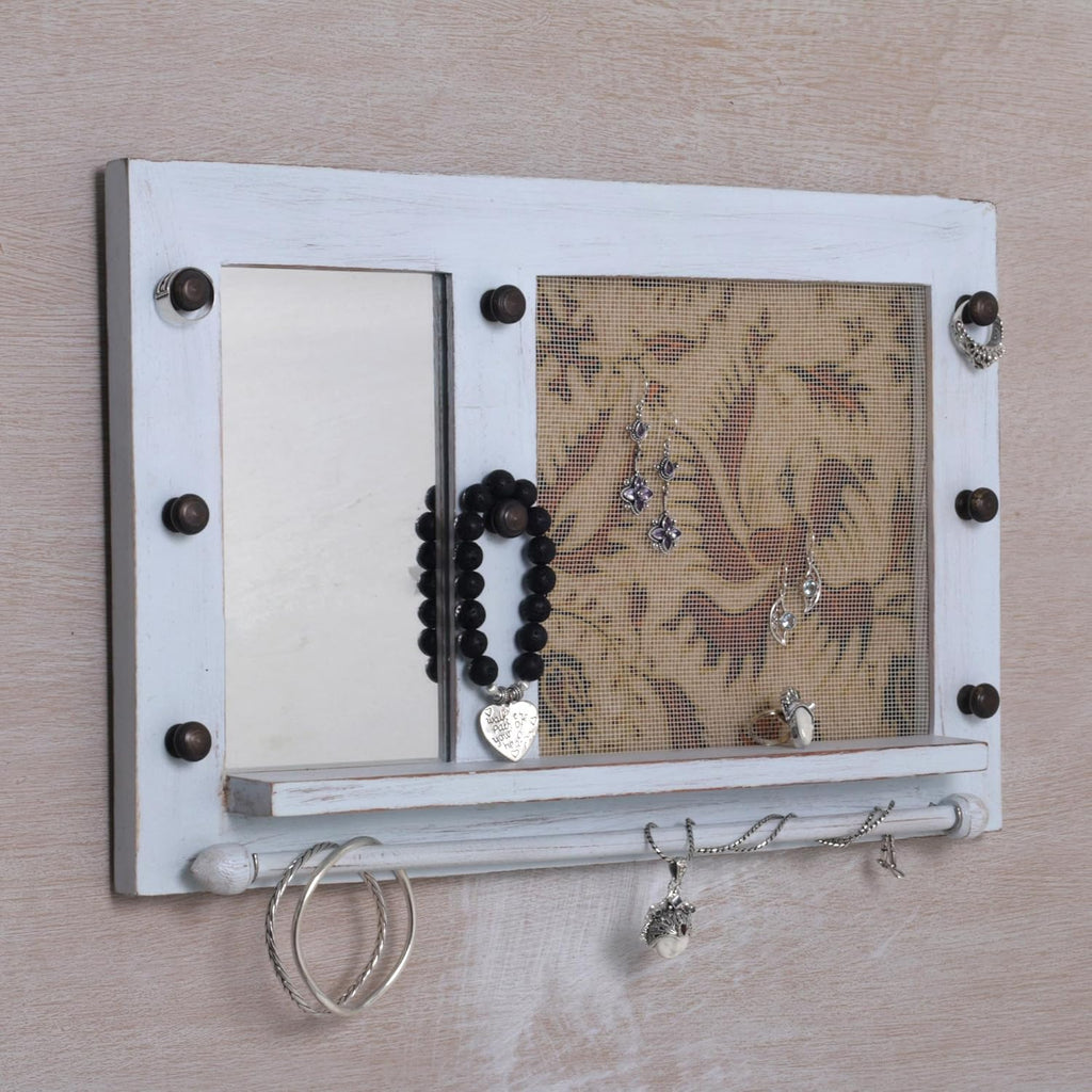 White Cotton Wood Batik Jewelry Display Organizer With Mirror C8305