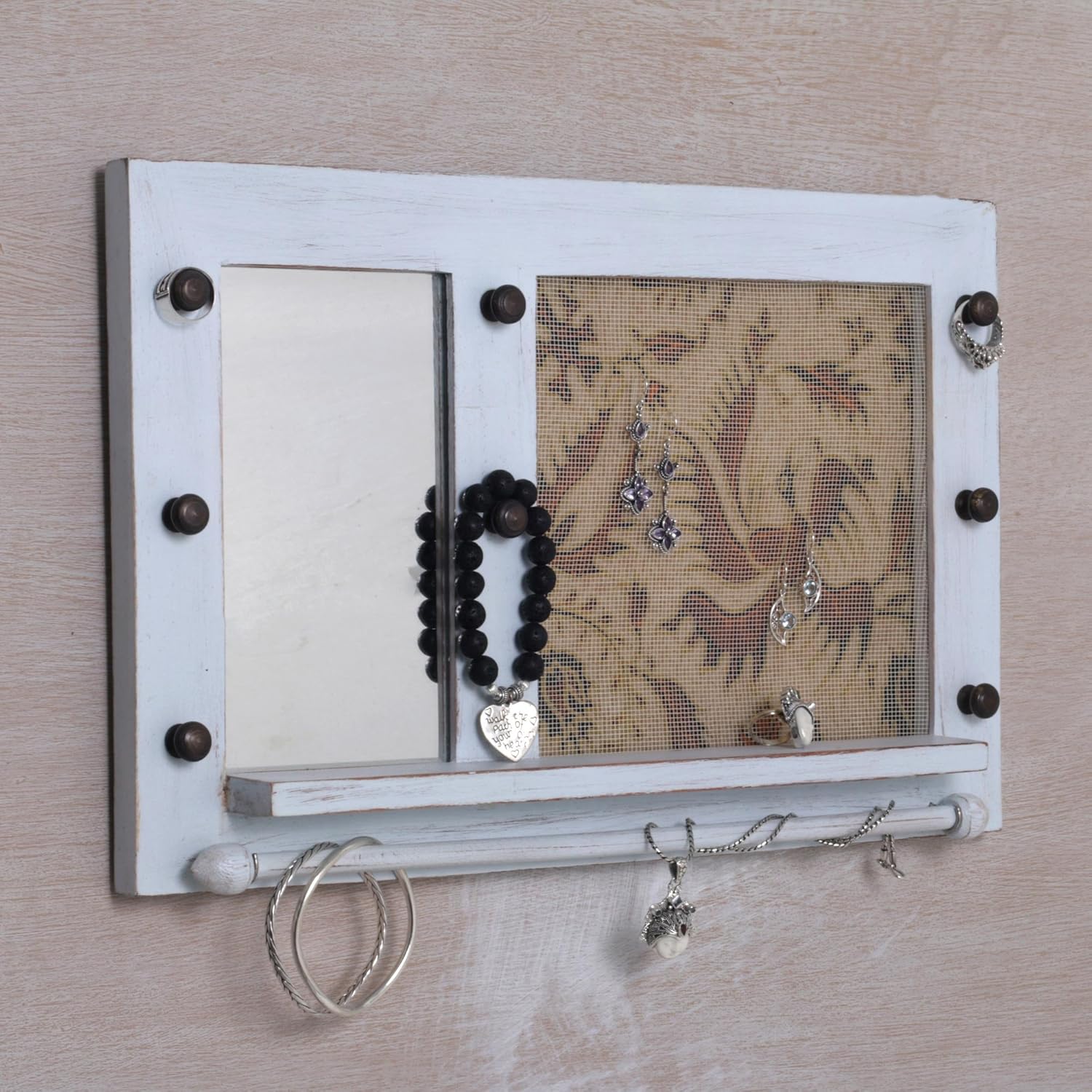 White Cotton Wood Batik Jewelry Display Organizer With Mirror C8305