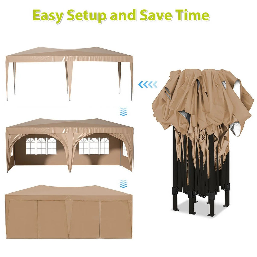 Beige 10 x 20 ft Pop Up Canopy Tent with 6 Removable Sidewalls & Carry Bag J523874