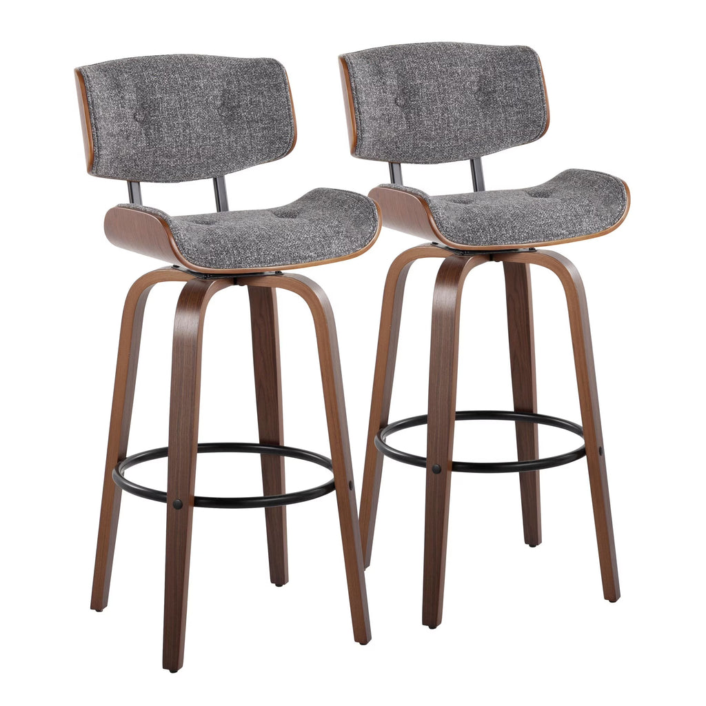 30" Mid-Century Modern Fixed-Height Barstool with Swivel in Walnut Wood and Grey Noise Fabric with Round Black Metal Footrest - Set of 2 F32501