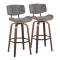 30" Mid-Century Modern Fixed-Height Barstool with Swivel in Walnut Wood and Grey Noise Fabric with Round Black Metal Footrest - Set of 2 F32501