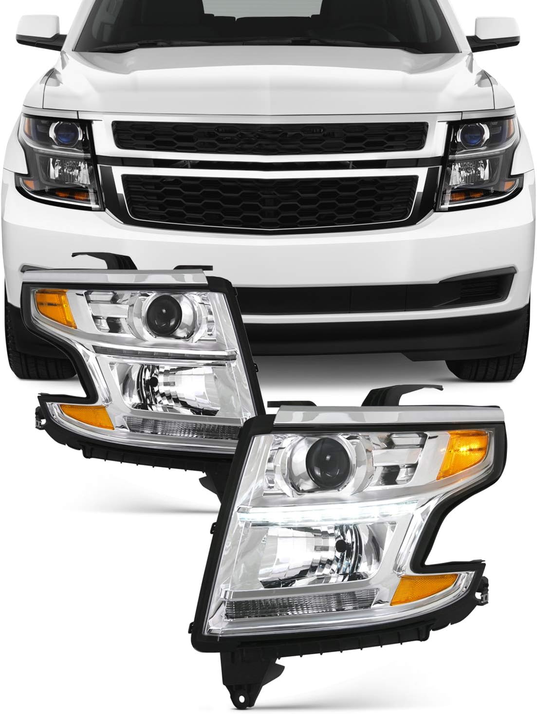 Chrome LED Projector Headlights with Amber Signal Pair X9841