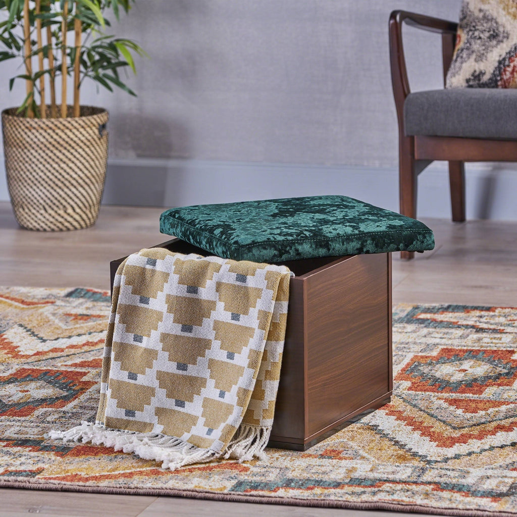 Black Gray Velvet Ottoman with Faux Wood Frame X98378