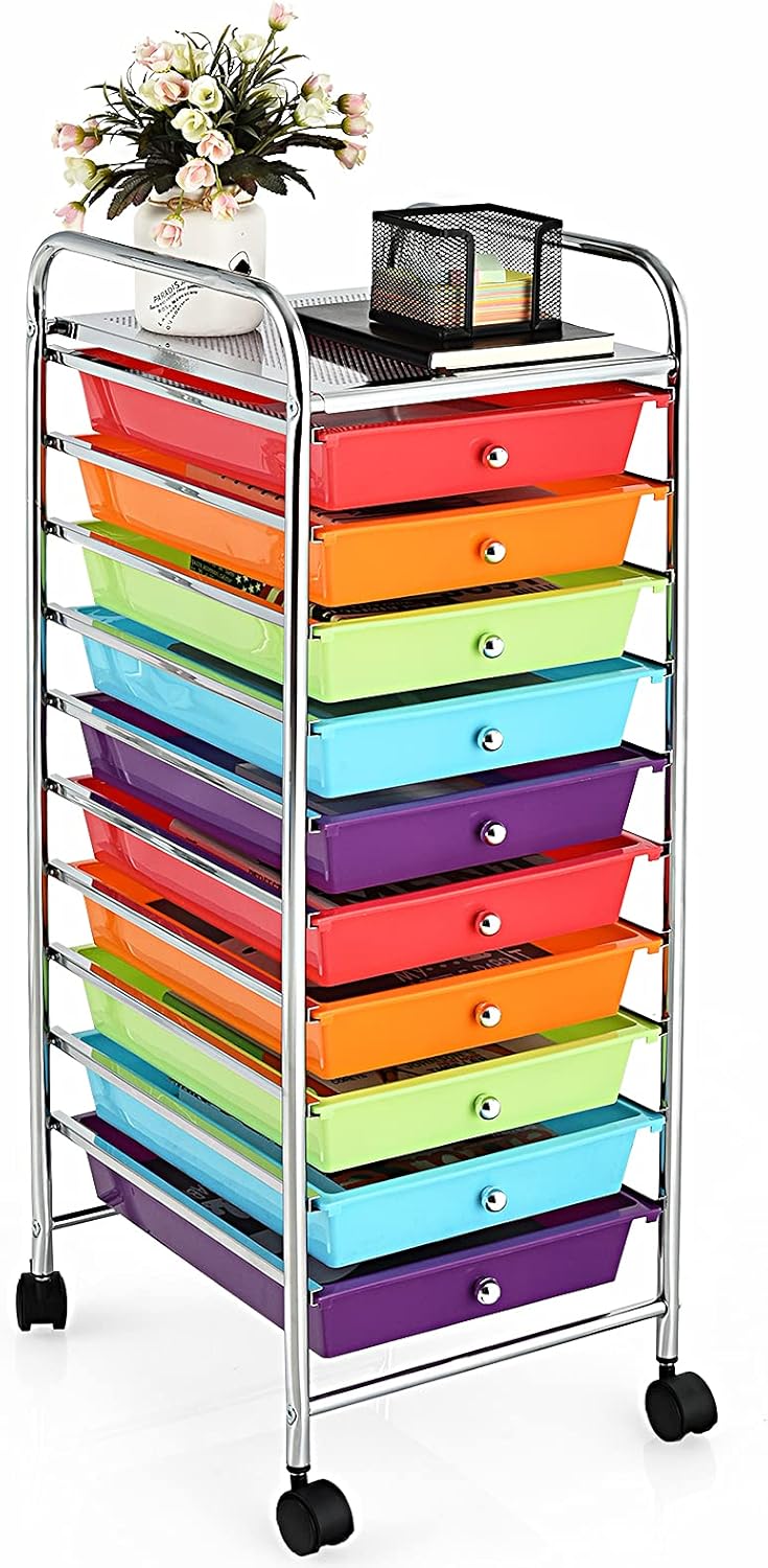 Black Rolling Drawer Cart with Metal Frame, 10 Drawers, Pack of 2 S4530