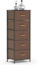 Vertical Dresser Storage Tower, Steel Frame, Wood Top, Textured Fabric Bins, 5 Drawers, BROWN Y935