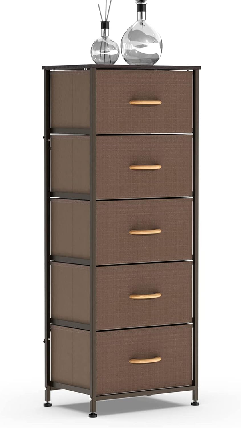 Vertical Dresser Storage Tower, Steel Frame, Wood Top, Textured Fabric Bins, 5 Drawers, BROWN Y935