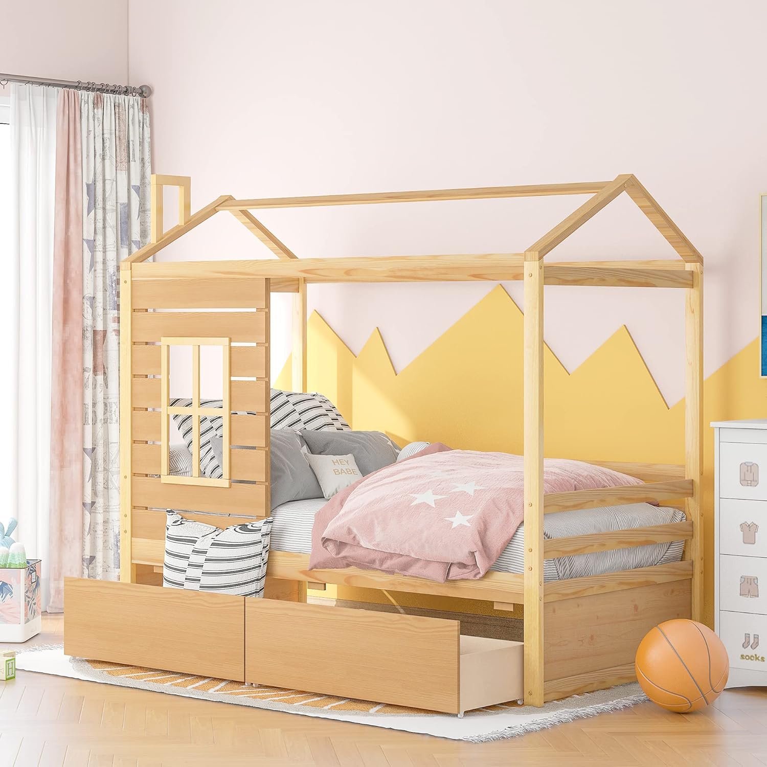 White Wood Twin Size House Bed Frame with Trundle X94019