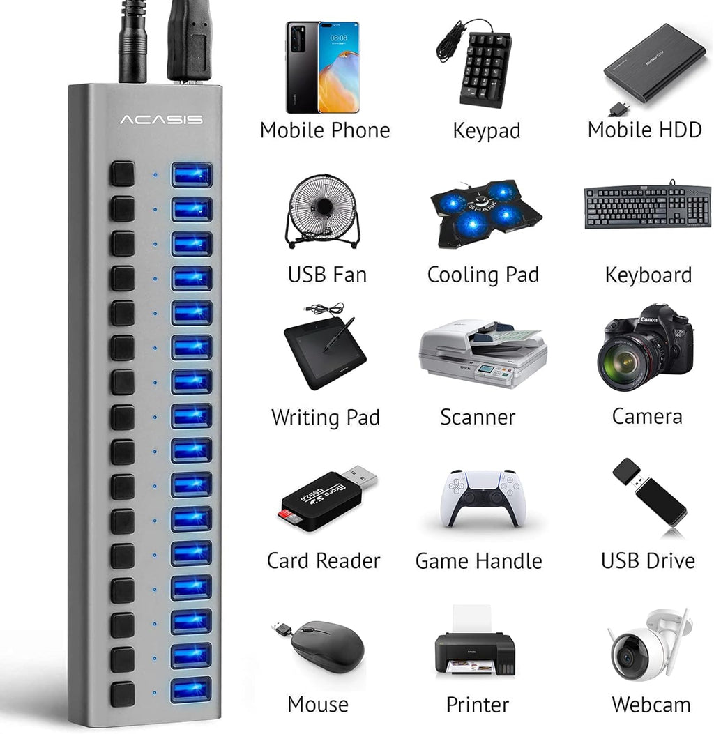 16 Ports USB 3.0 Powered Hub with Individual On/Off Switches and Power Adapter, Pack of 2 X48258
