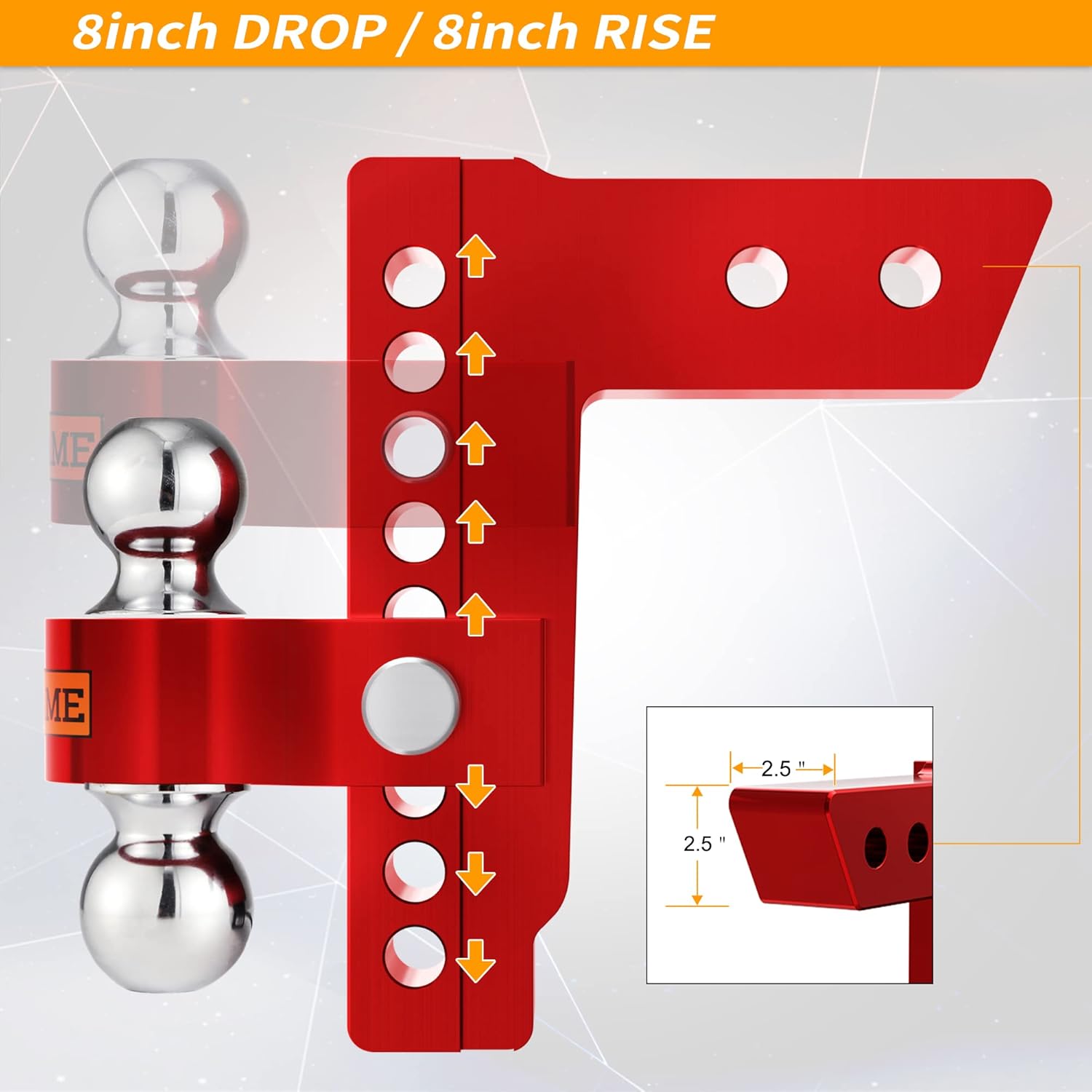 Adjustable Aluminum Trailer Hitch, Fits 2.5-Inch Receiver, 8-Inch Drop/Rise, 18,500 LBS GTW, Red H944050