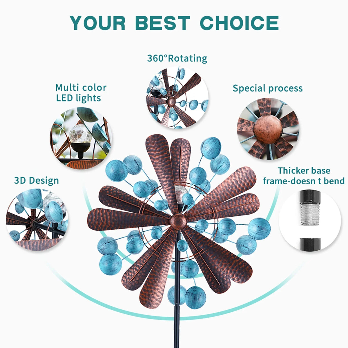 Blue&Brown 84 inch Solar-Powered Metal Wind Spinner U80941