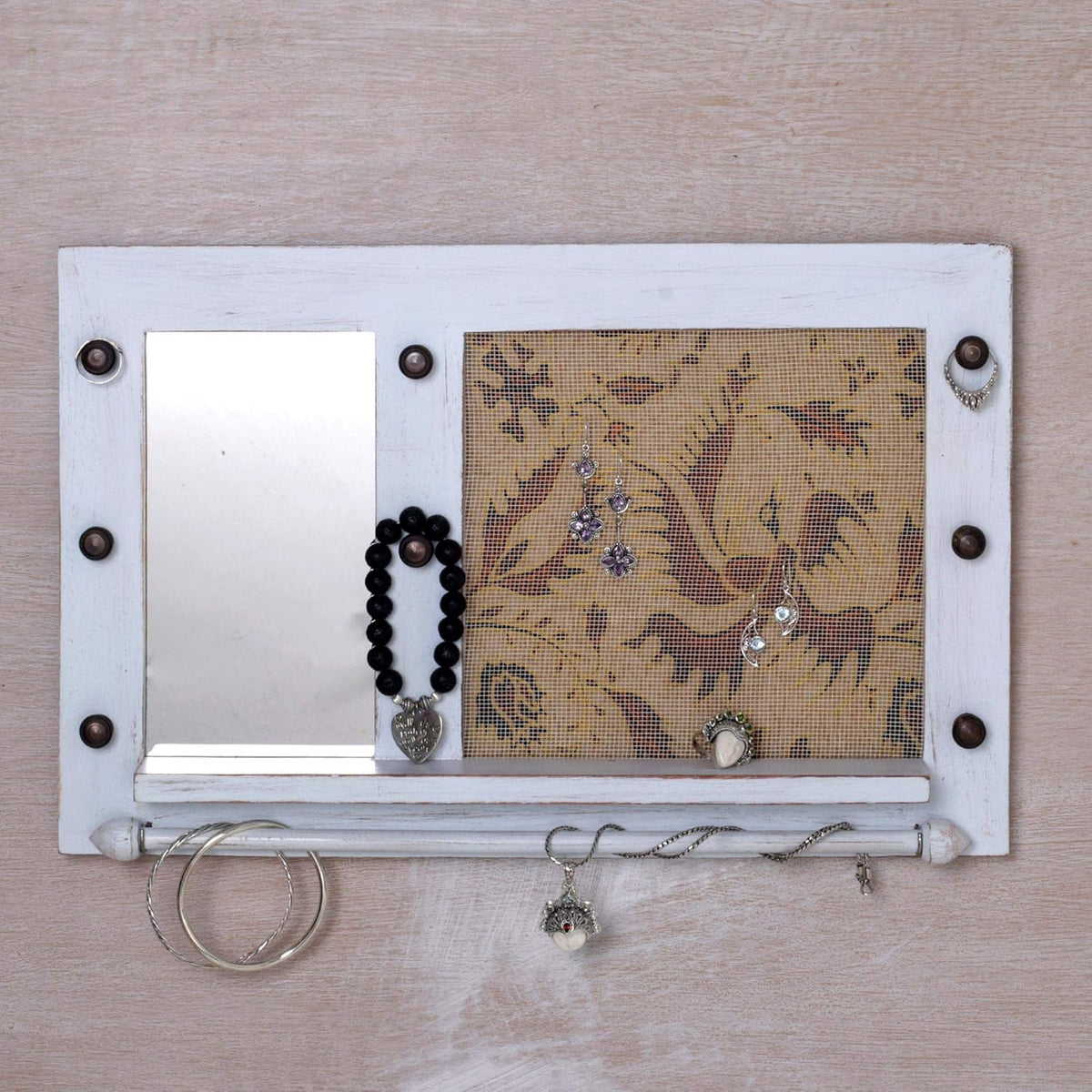 White Cotton Wood Batik Jewelry Display Organizer With Mirror C8305