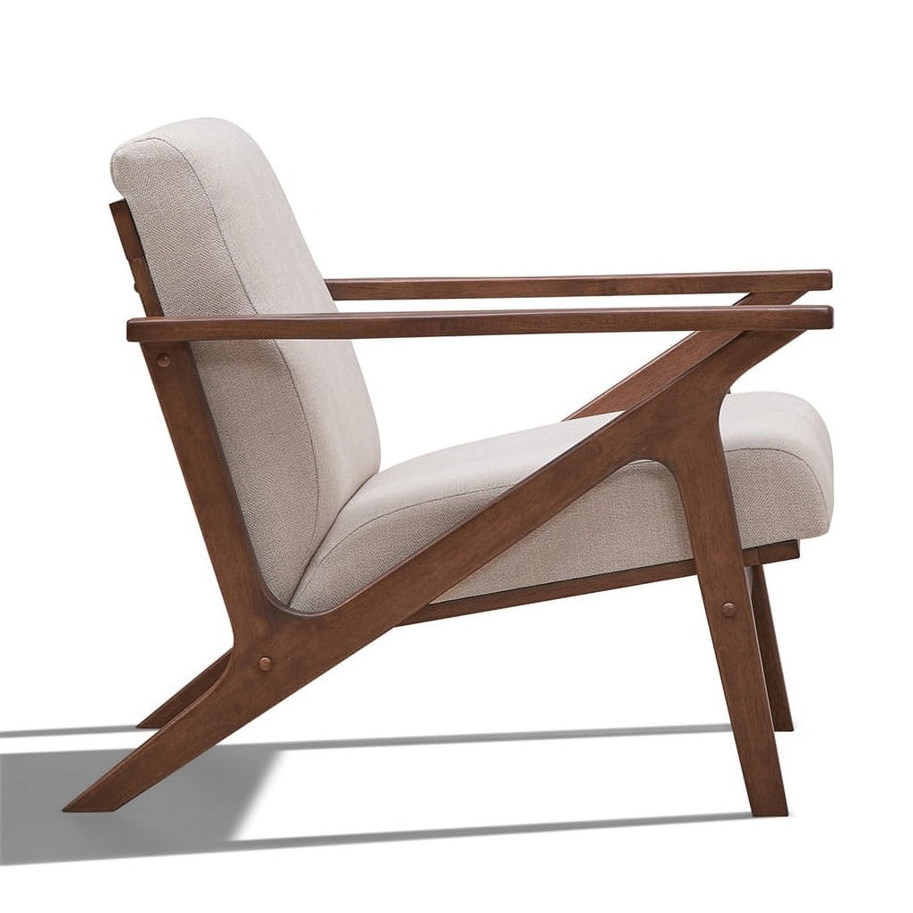 Solid Wood and Fabric Upholstered Accent Armchair in Walnut/Beige Q902