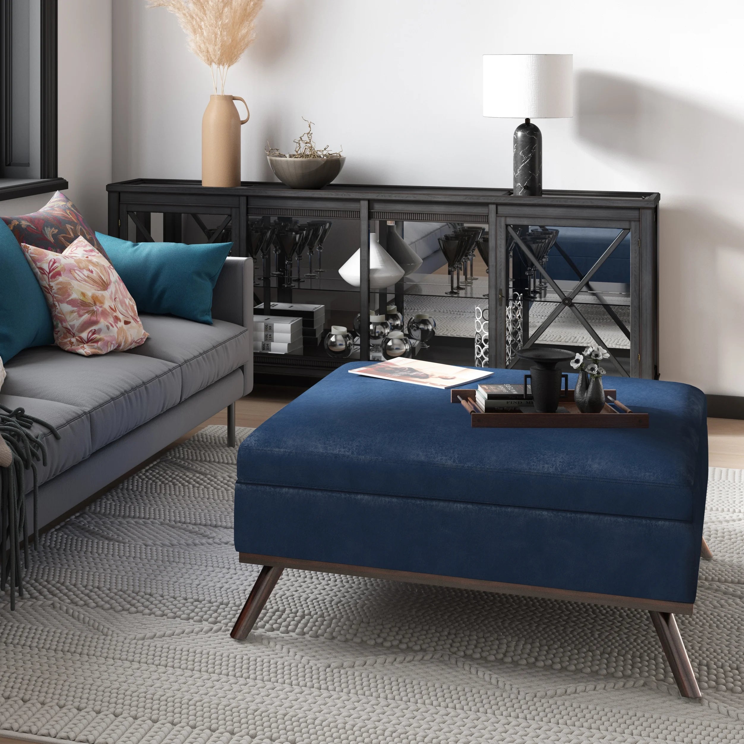 Distressed Dark Blue Faux Leather Square Coffee Table Storage Ottoman M4646