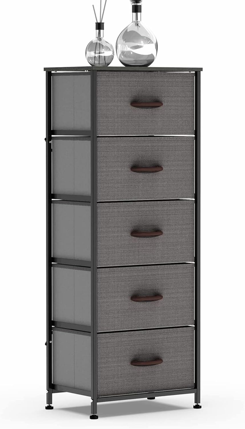 Vertical Dresser Storage Tower, Steel Frame, Wood Top, Textured Fabric Bins, 5 Drawers, BROWN Y935