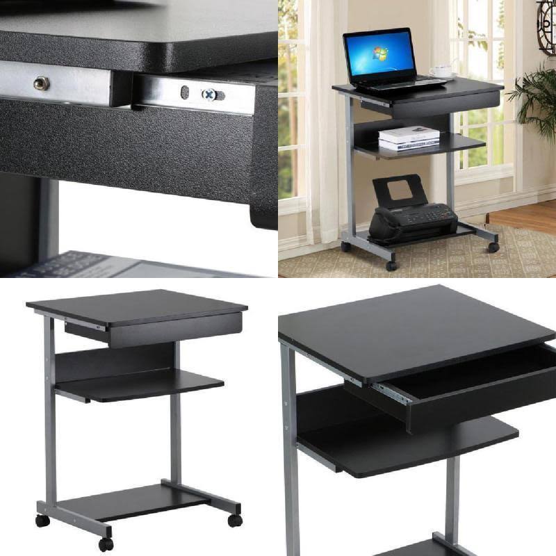 Compact Rolling Laptop Cart Desk with Drawer and Shelf G23572