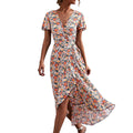 V Neck Short Sleeve Split Wrap Long Dress D86189