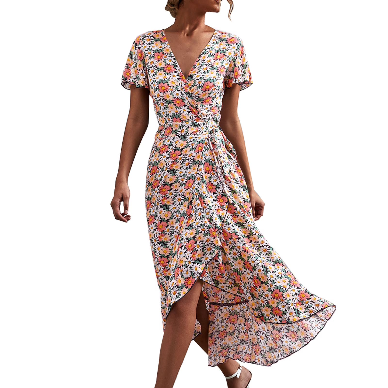 V Neck Short Sleeve Split Wrap Long Dress D86189