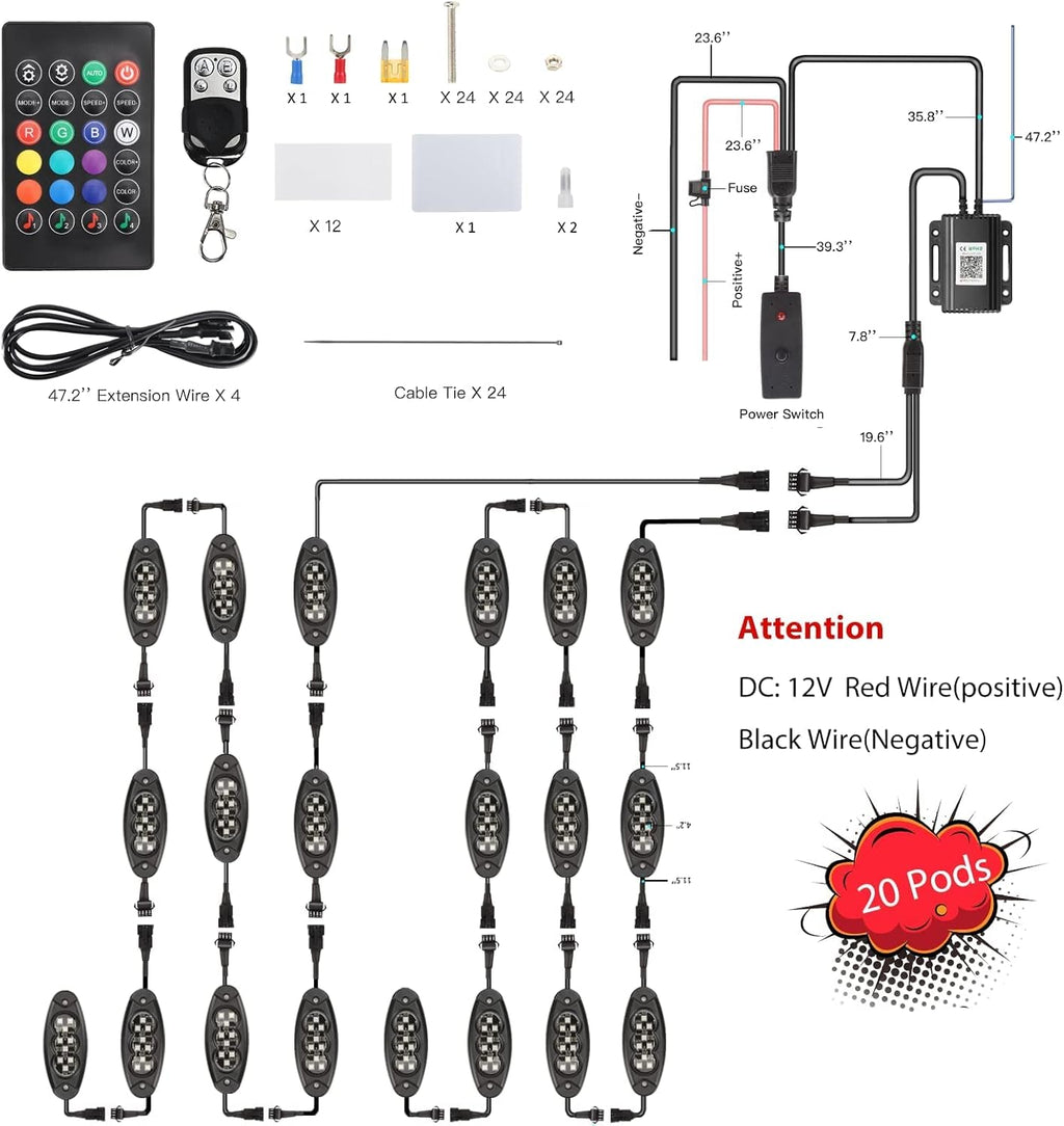 20 Pods Waterproof RGB LED Rock Lights for Car P3451