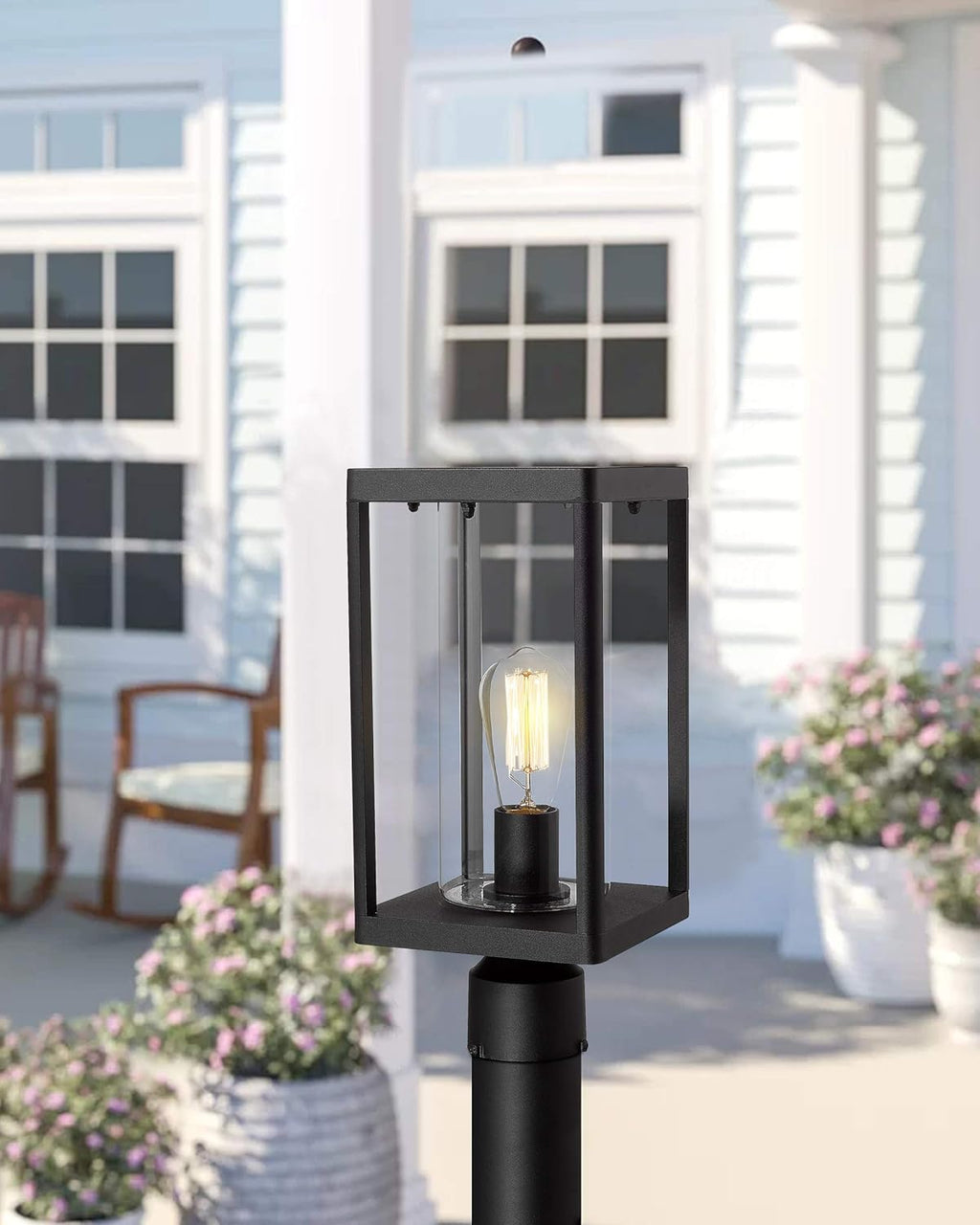 Set of 2 Black Cast Aluminum Outdoor Post Lantern with Clear Glass M386203