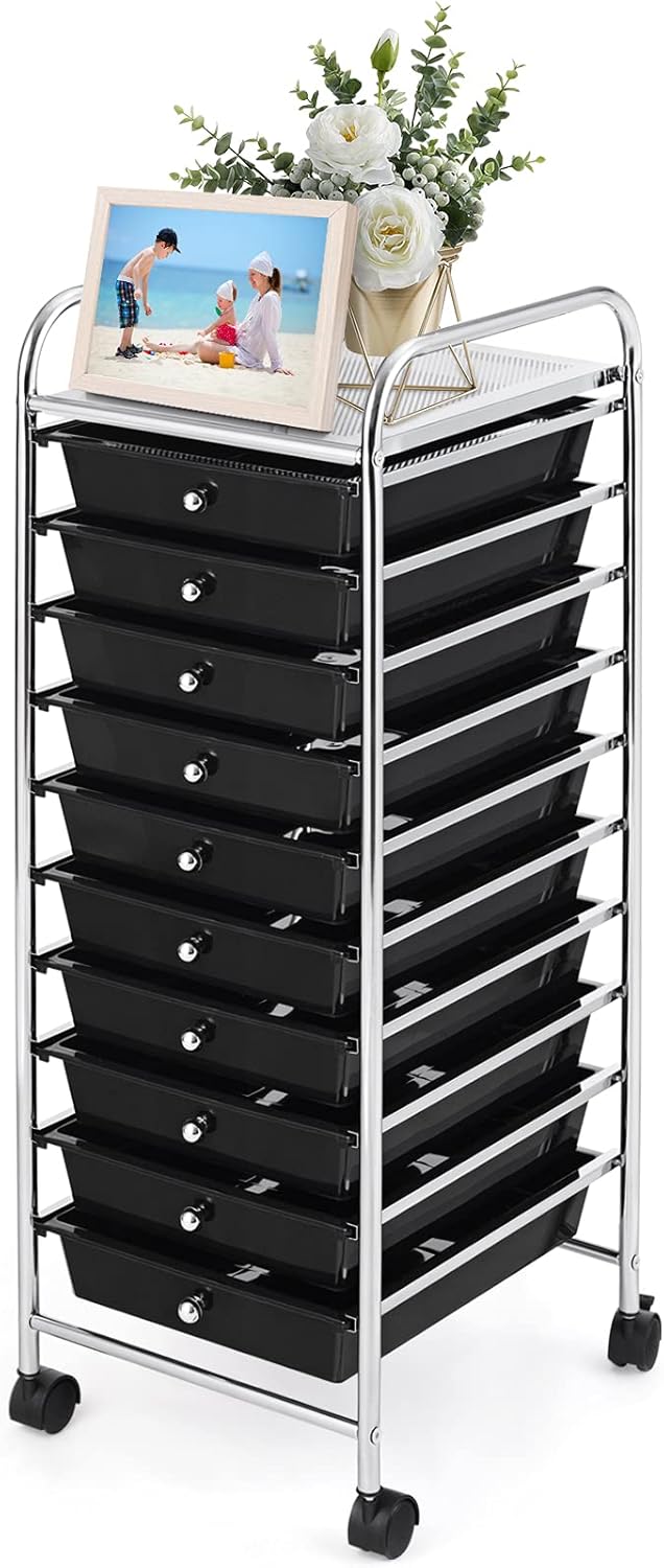 Black Rolling Drawer Cart with Metal Frame, 10 Drawers, Pack of 2 S4530