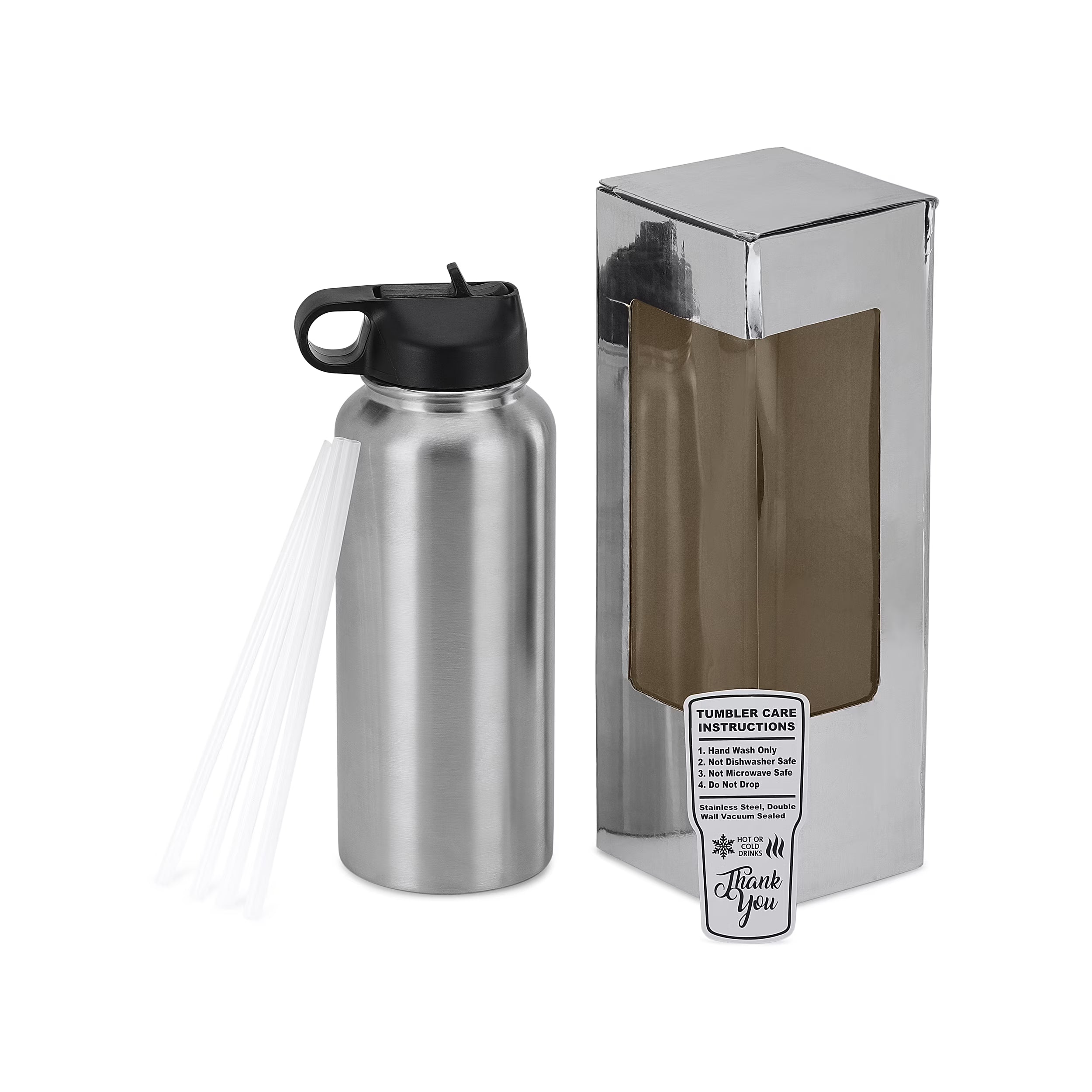 Silver 32 oz Vacuum-Insulated Water Bottle with 2 Lids W455189